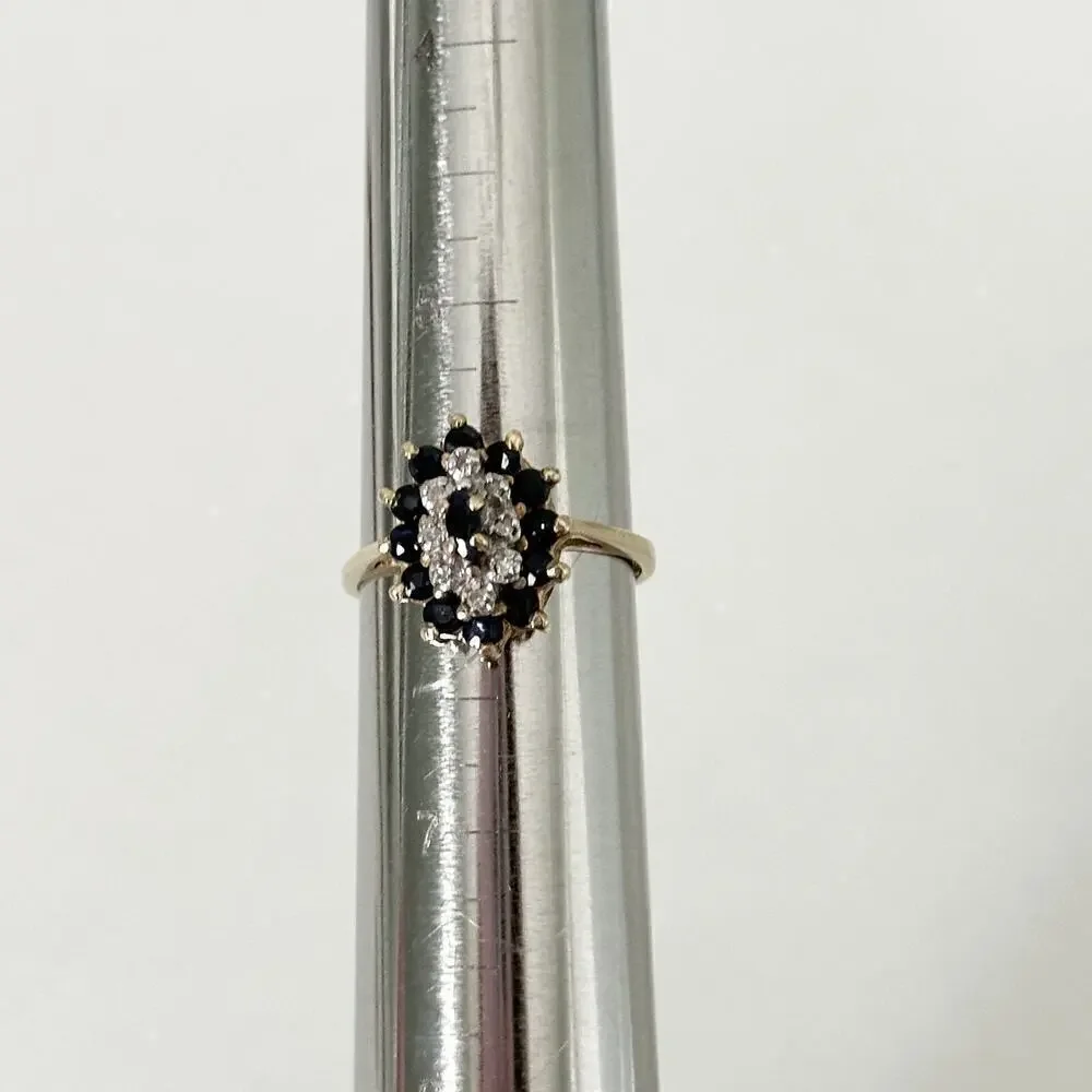 Vintage 10K Yellow Gold Sapphire & Diamond Halo Cluster Ladies Band Ring Size 6